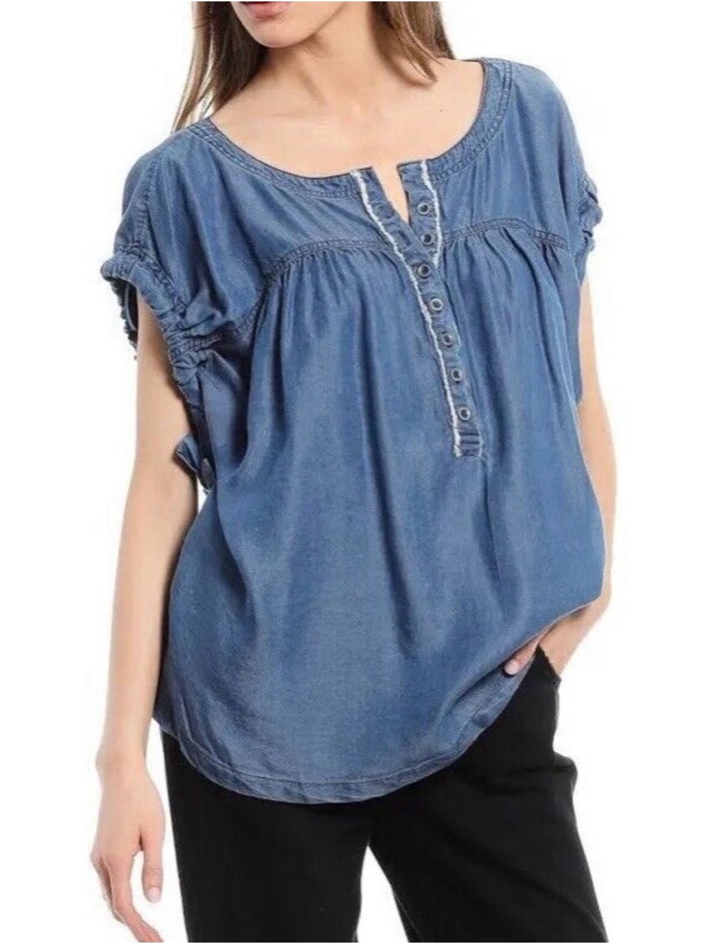 We The Free Denim-Blue Button Henley Tunic